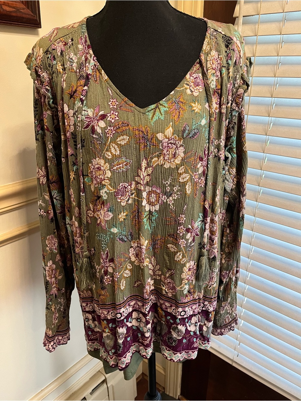 Olive Floral V-Neck Long Sleeve Blouse